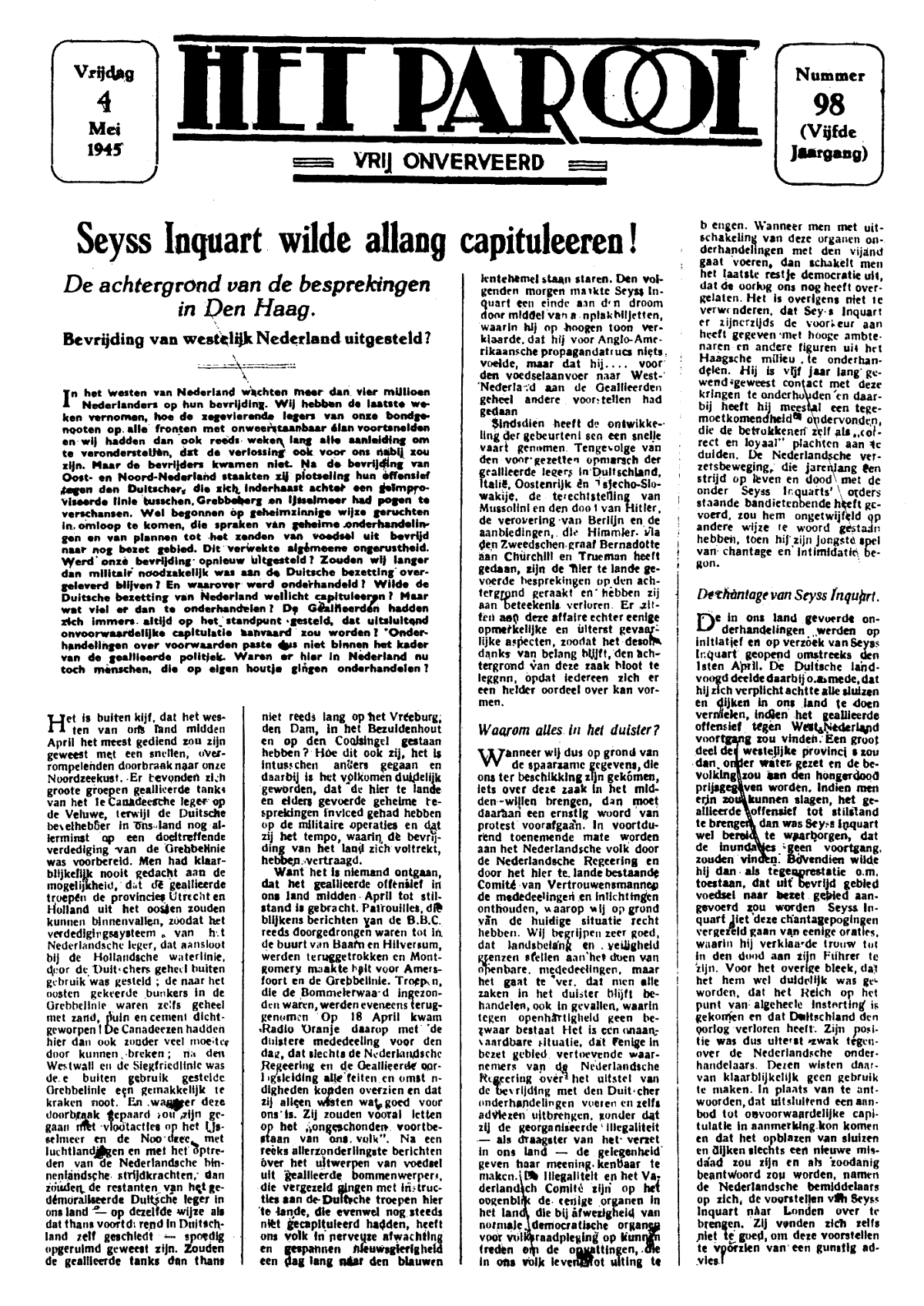 Het Parool; 4 mei 1945; blz. 1; 