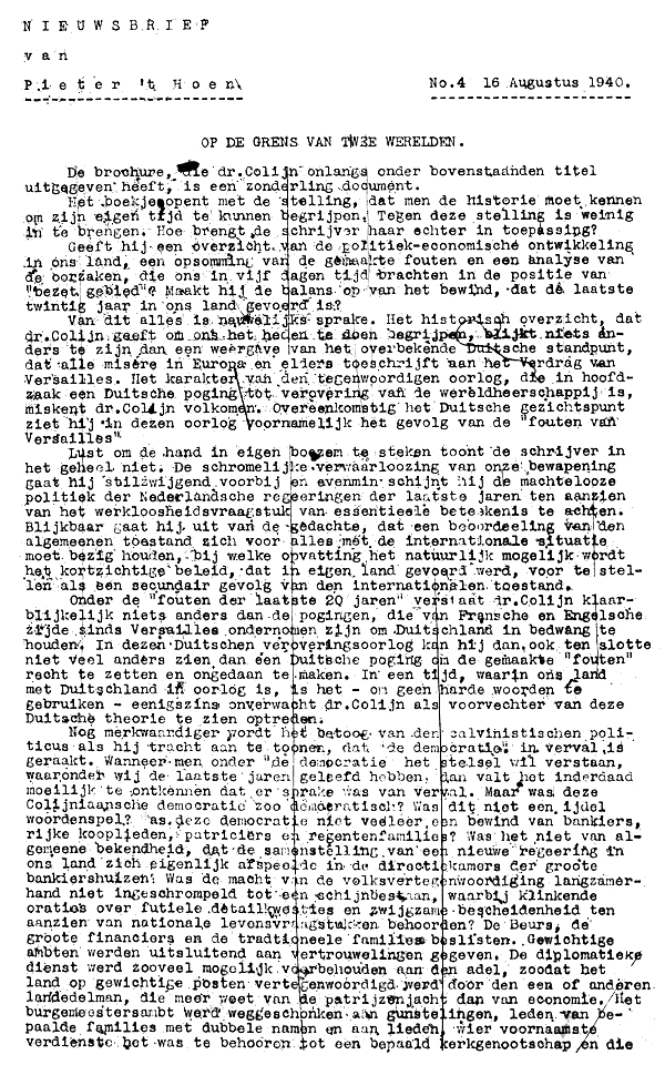 Nieuwsbrief van Pieter 't Hoen; 16 augustus 1940; blz. 1; 