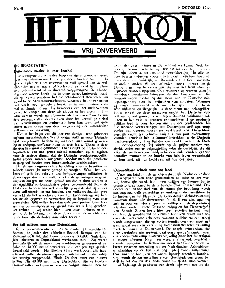 Het Parool; 9 oktober 1942; blz. 1; 