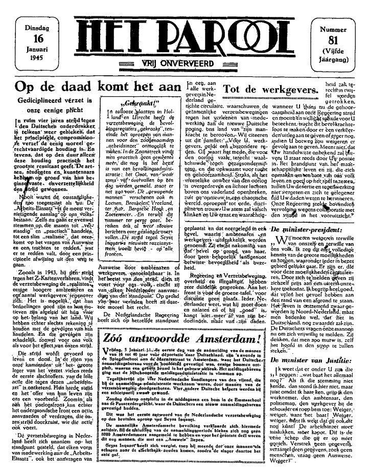 Het Parool; 16 januari 1945; blz. 1; 