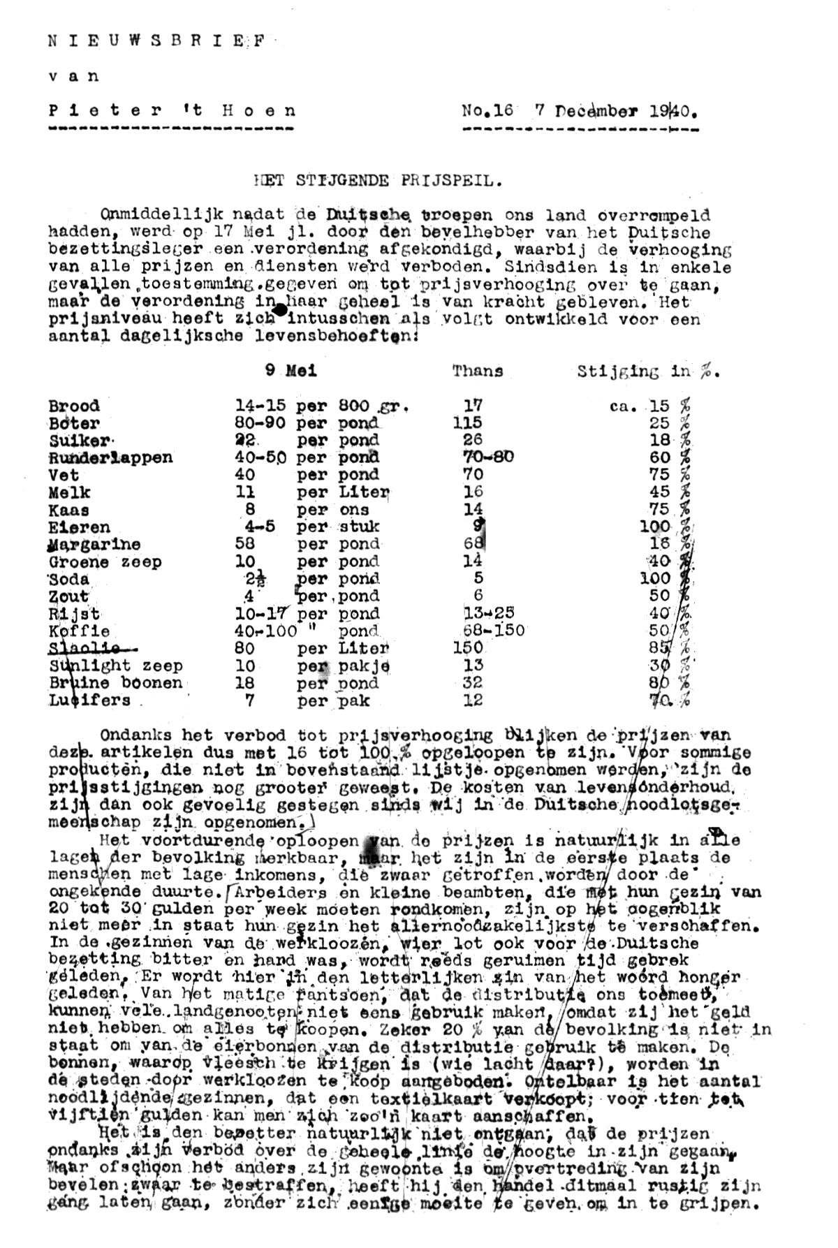 Nieuwsbrief van Pieter 't Hoen; 7 december 1940; blz. 1; 