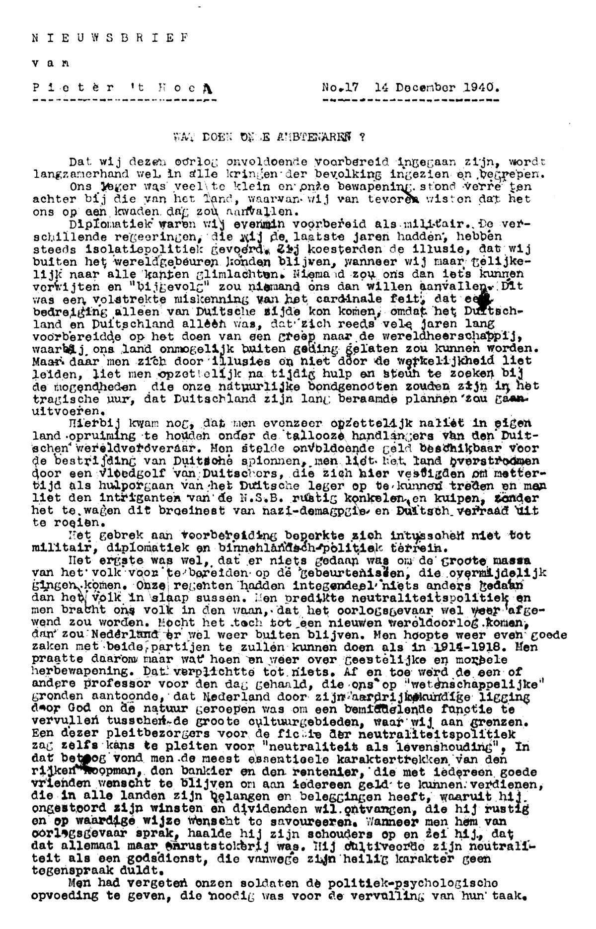 Nieuwsbrief van Pieter 't Hoen; 14 december 1940; blz. 1; 