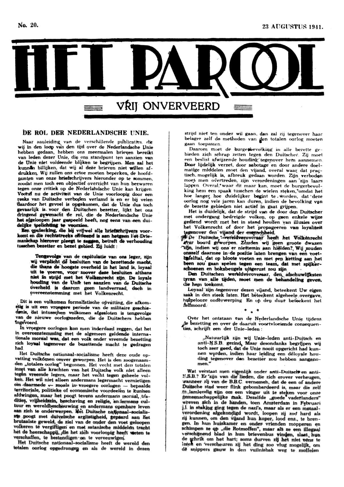 Het Parool; 23 augustus 1941; blz. 1; 