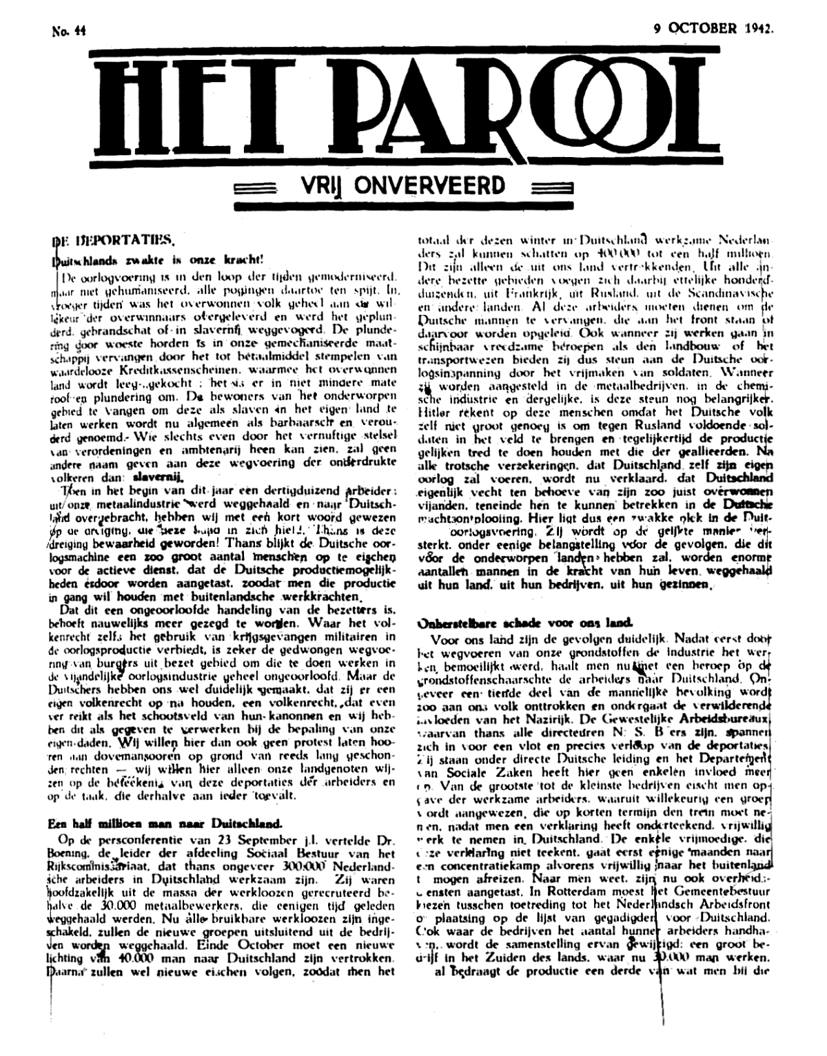 Het Parool; 9 oktober 1942; blz. 1; 