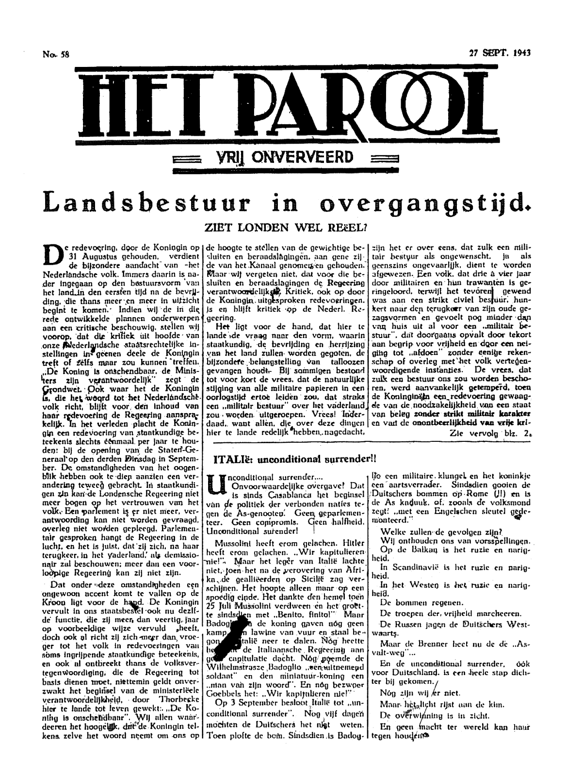 Het Parool; 27 september 1943; blz. 1; 