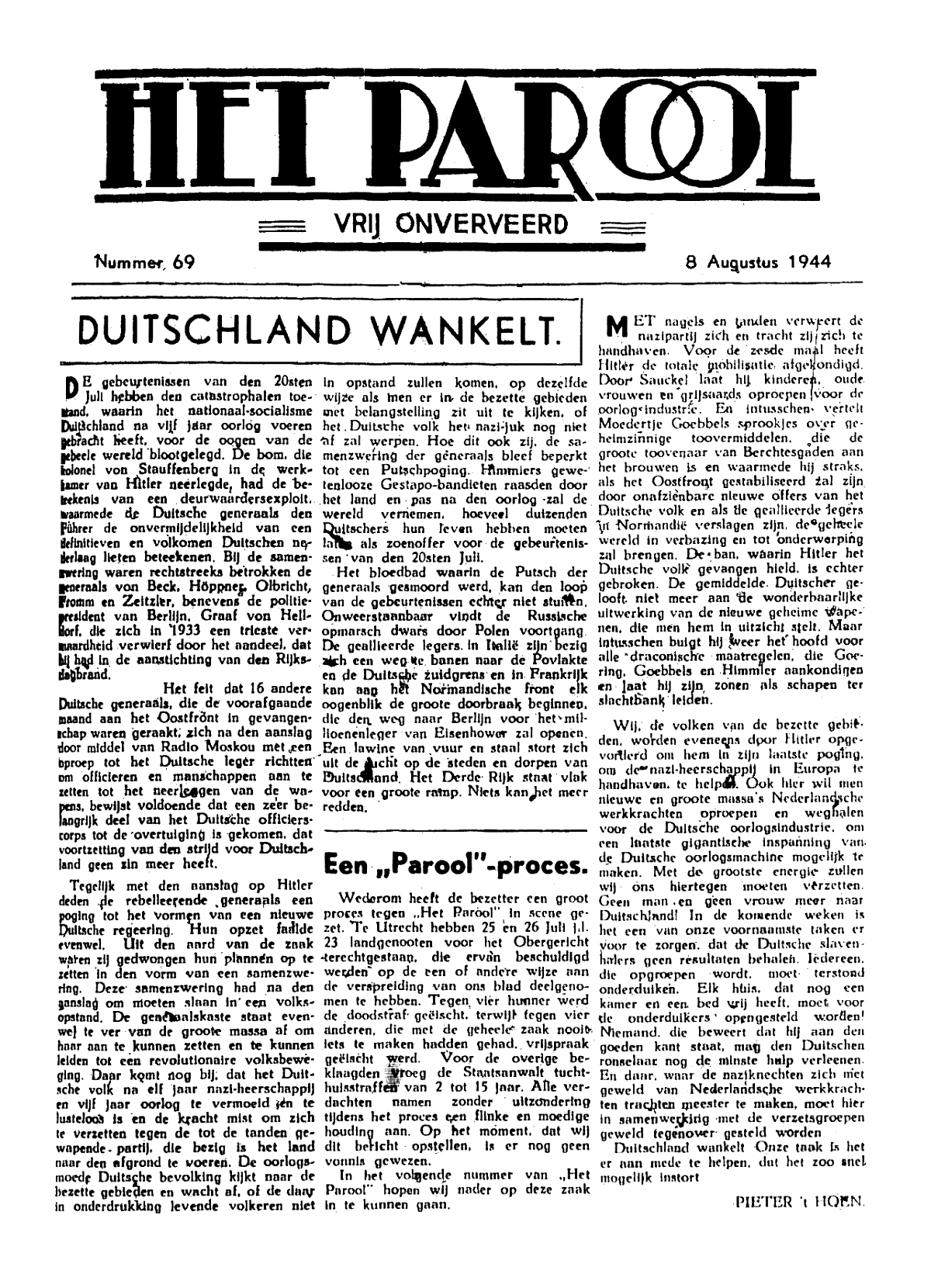 Het Parool; 8 augustus 1944; blz. 1; 