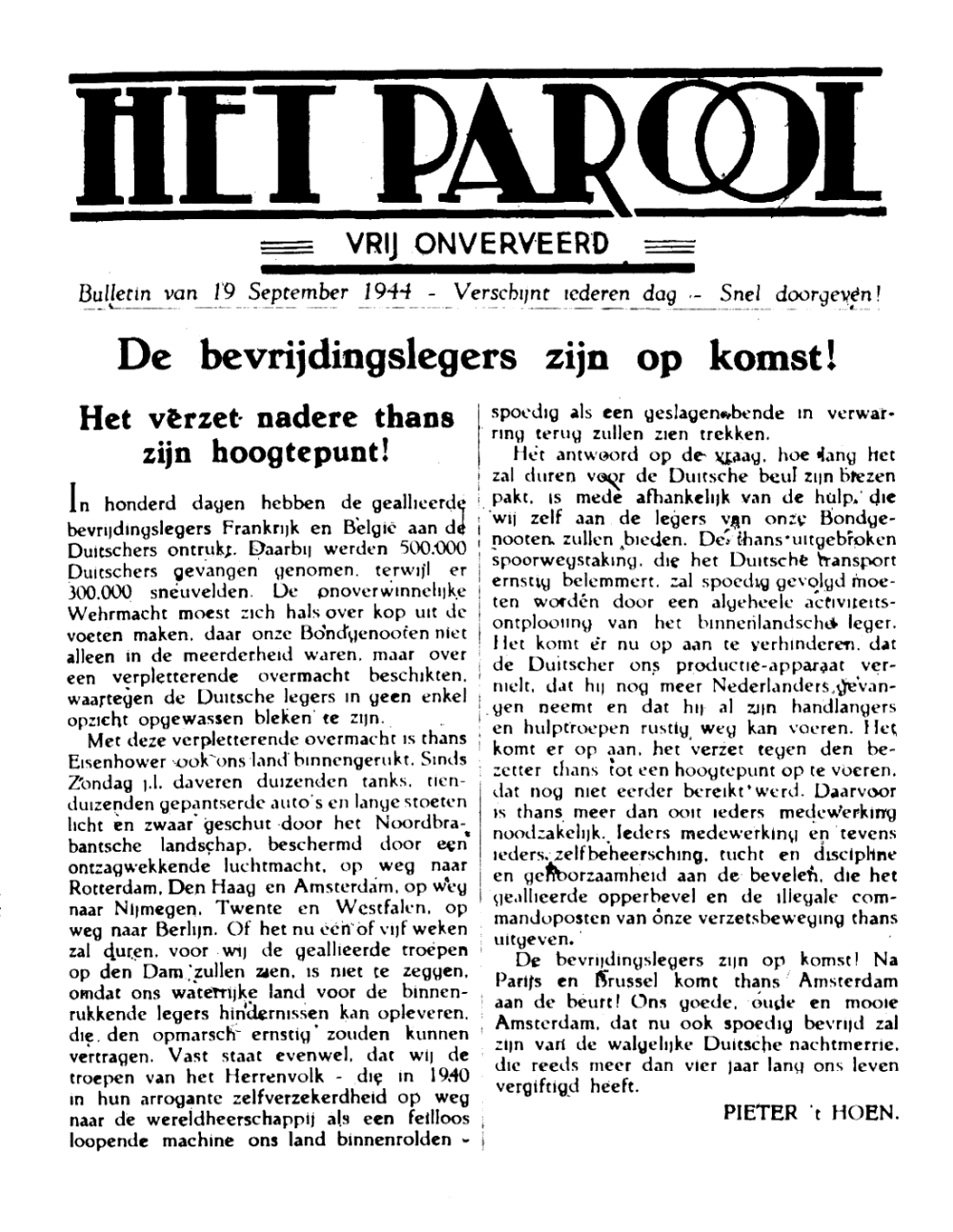 Het Parool; 19 september 1944; blz. 1; 