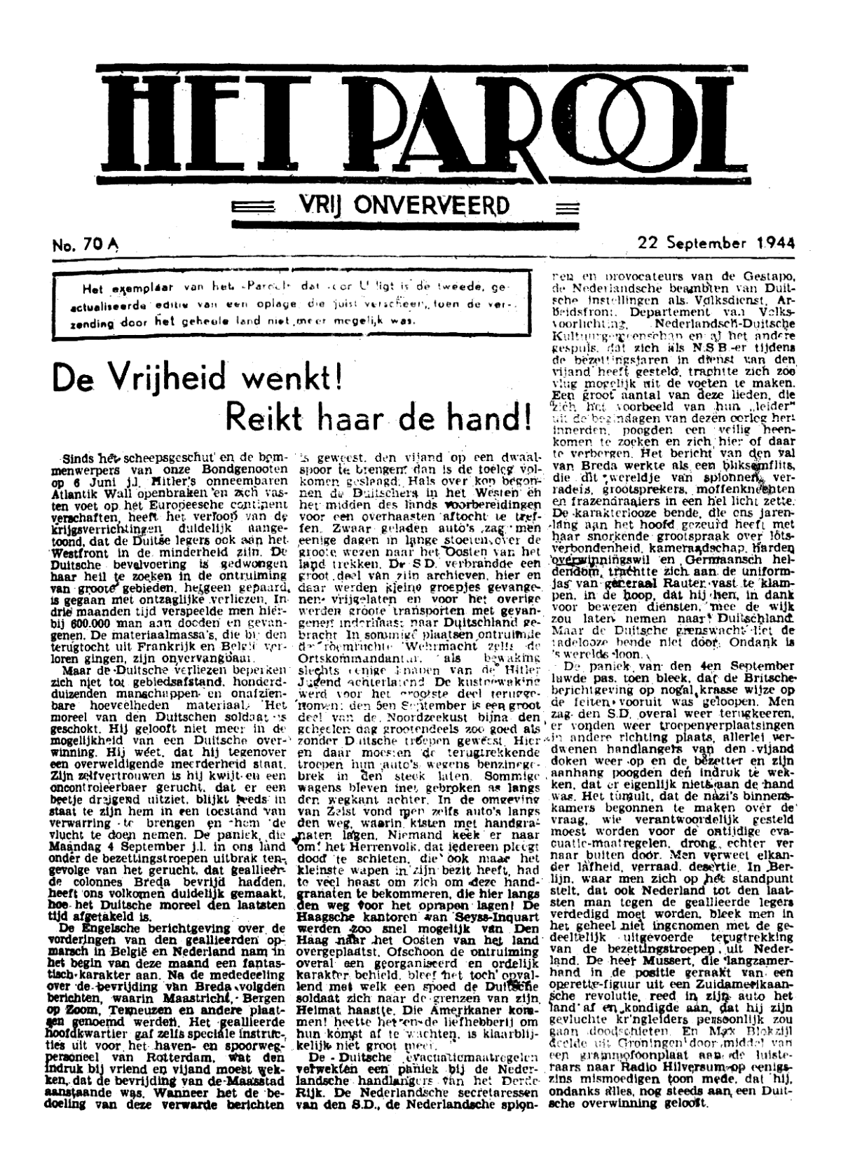 Het Parool; 22 september 1944; blz. 1; 