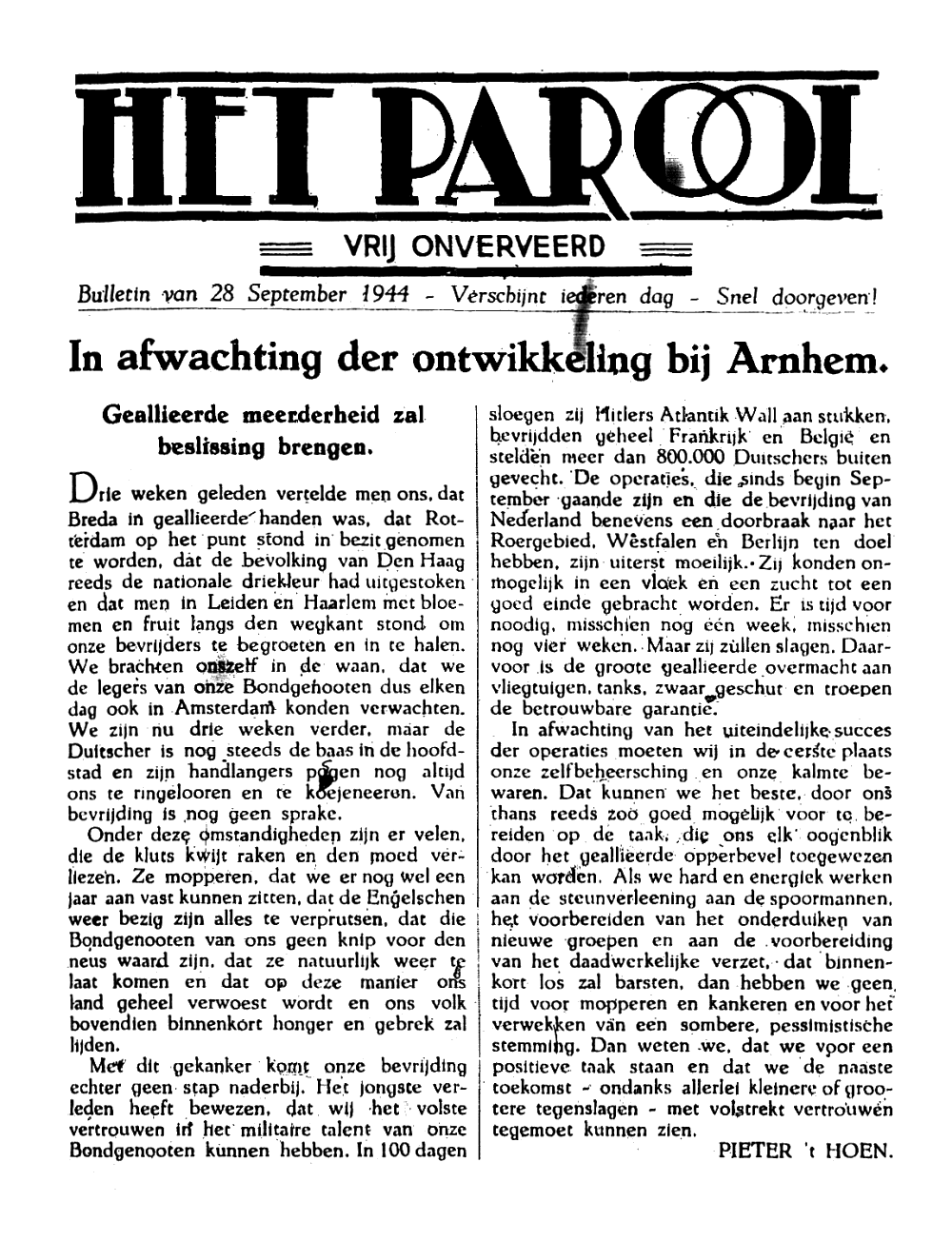 Het Parool; 28 september 1944; blz. 1; 