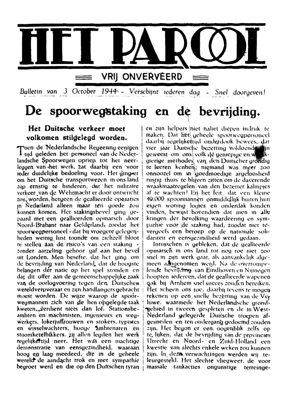 Het Parool; 3 oktober 1944; blz. 1; 