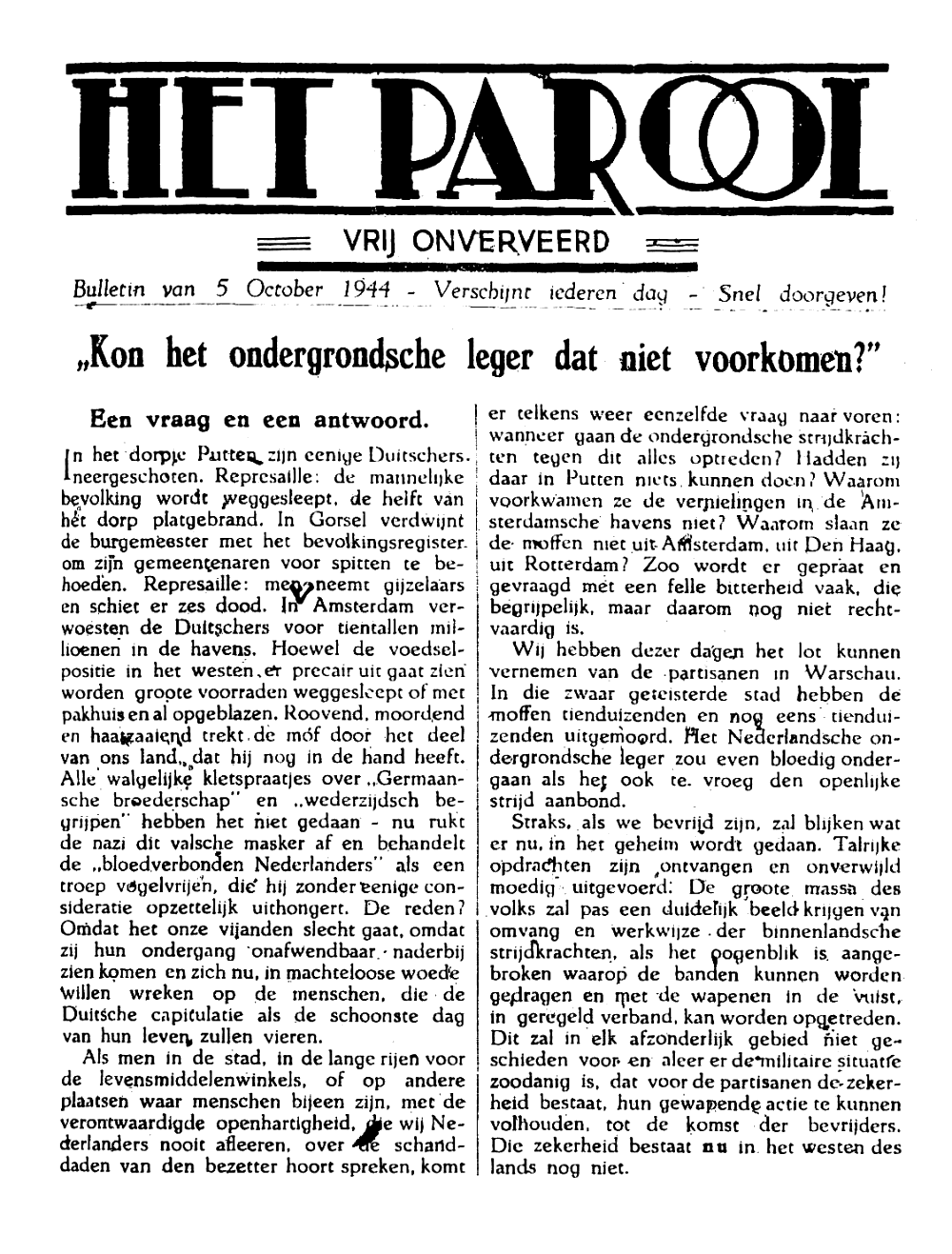 Het Parool; 5 oktober 1944; blz. 1; 