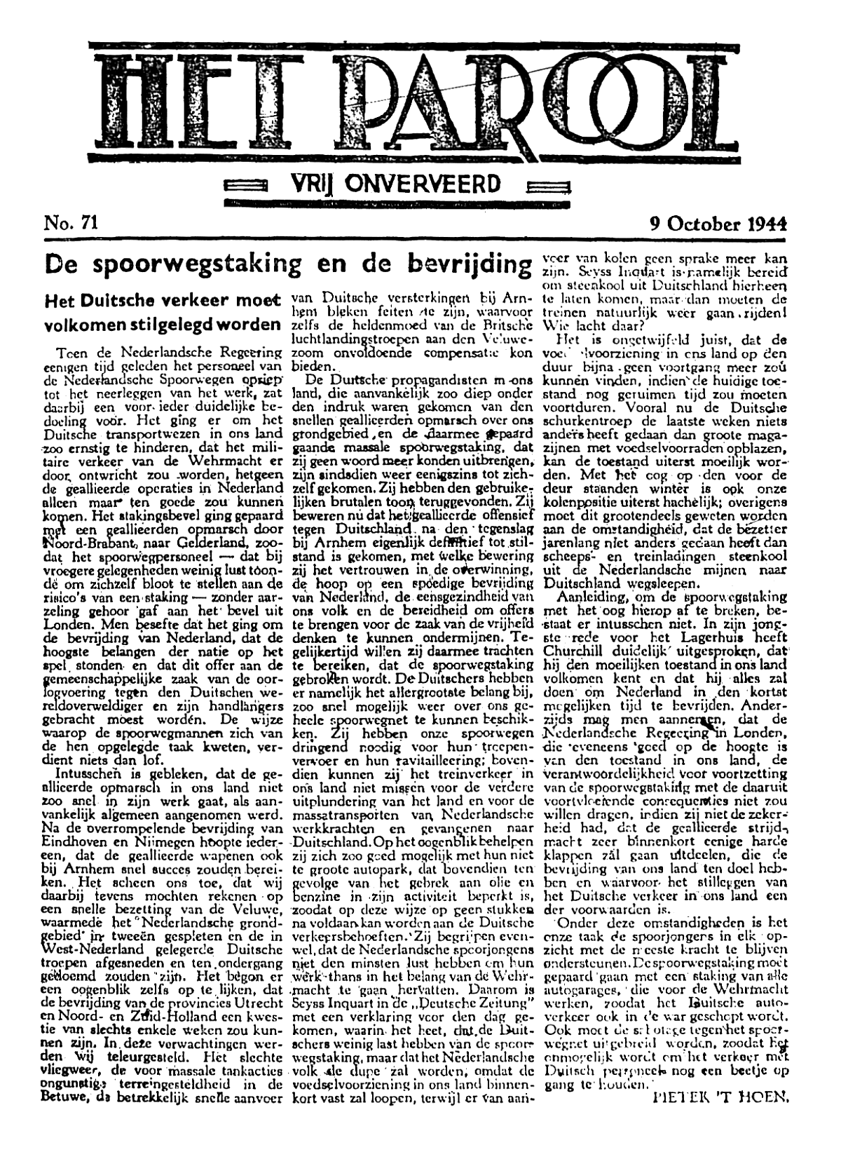 Het Parool; 9 oktober 1944; blz. 1; 