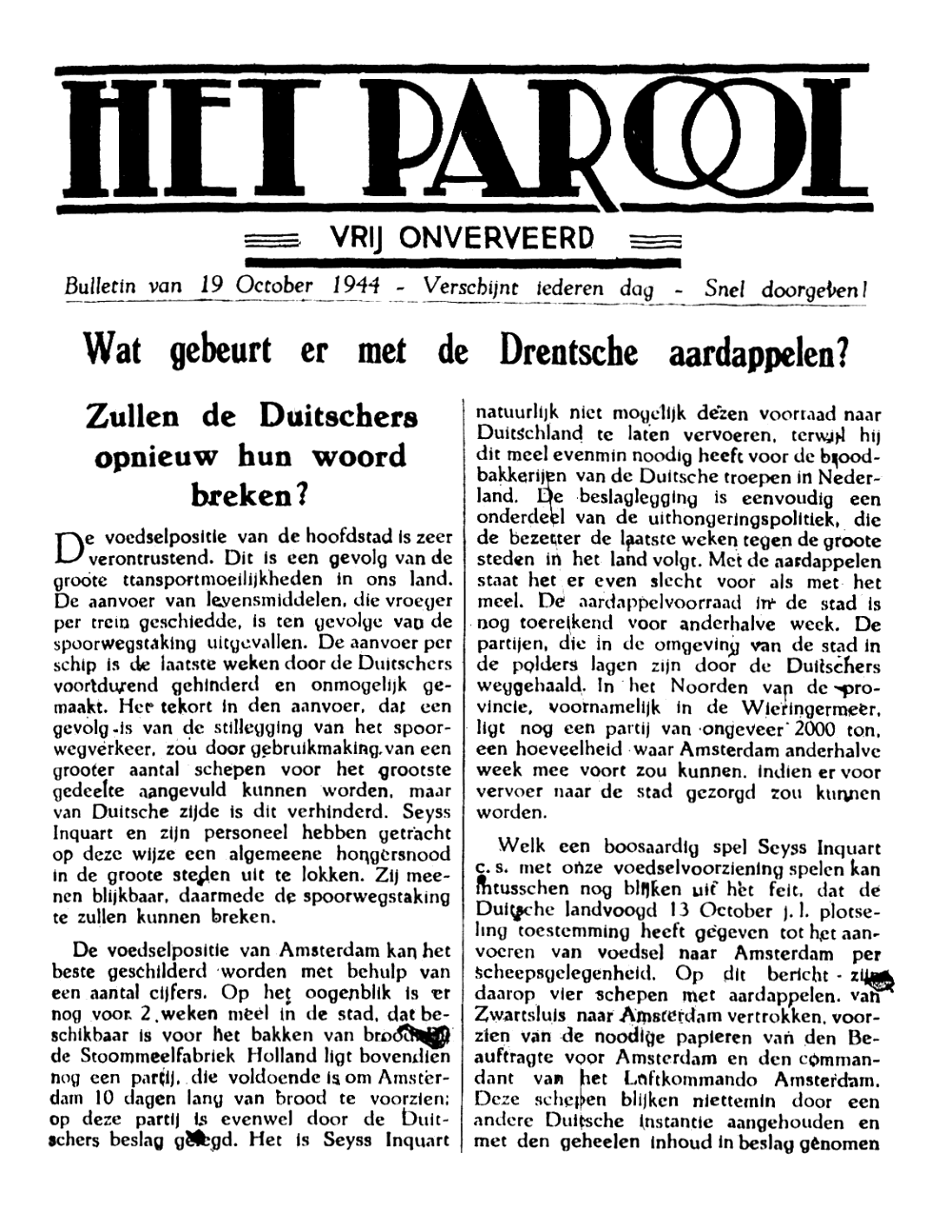 Het Parool; 19 oktober 1944; blz. 1; 