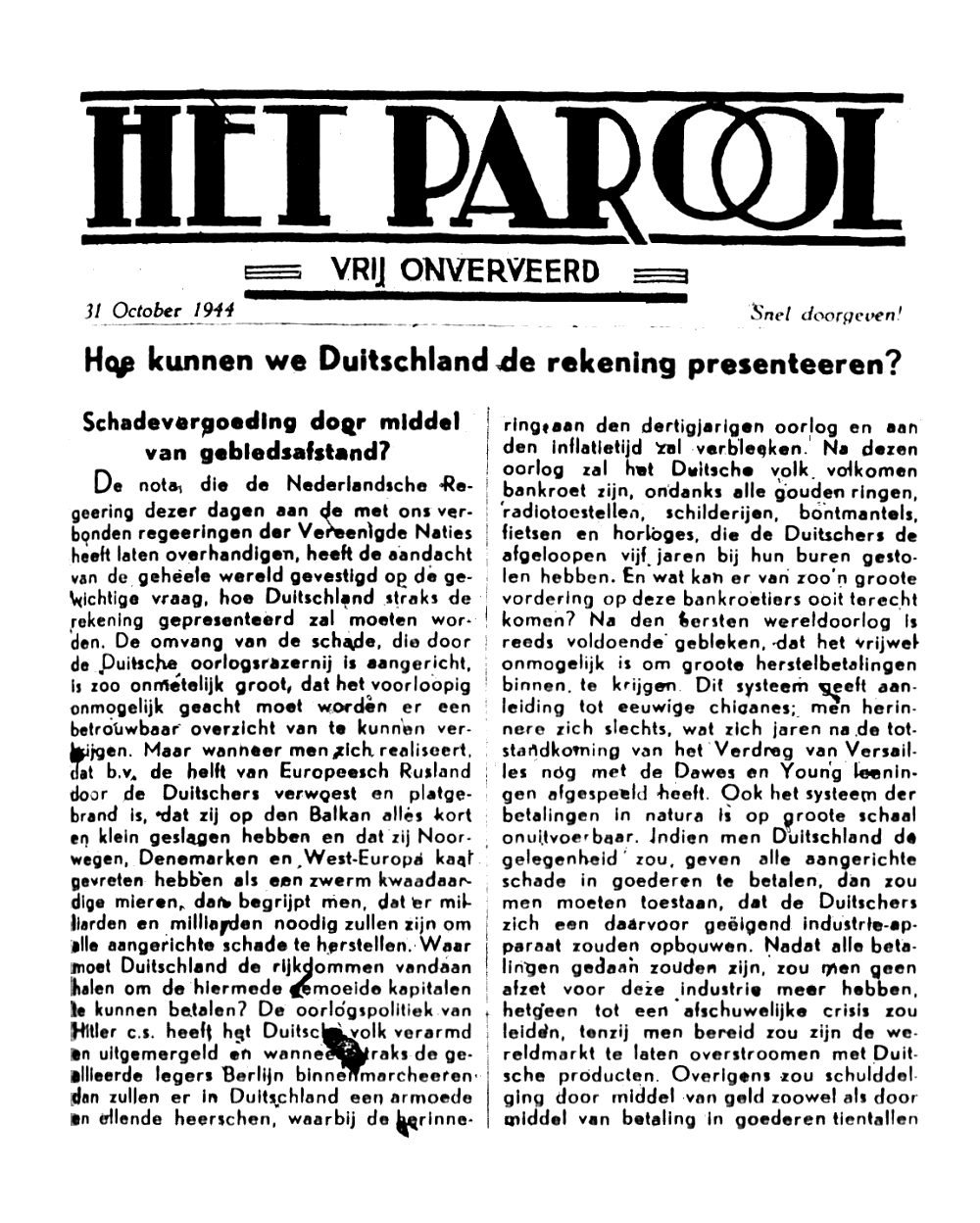 Het Parool; 31 oktober 1944; blz. 1; 