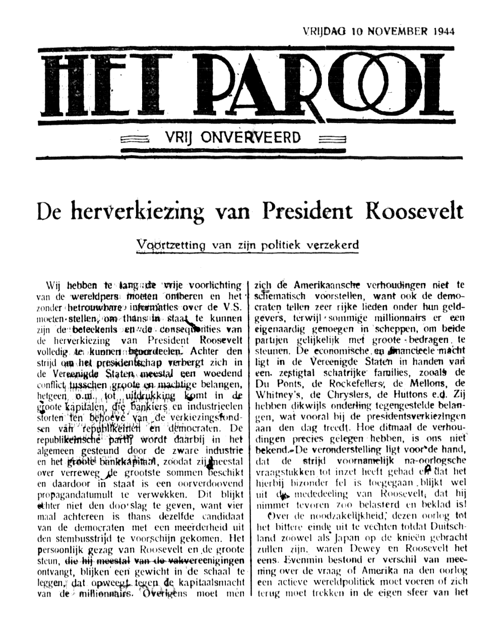 Het Parool; 10 november 1944; blz. 1; 