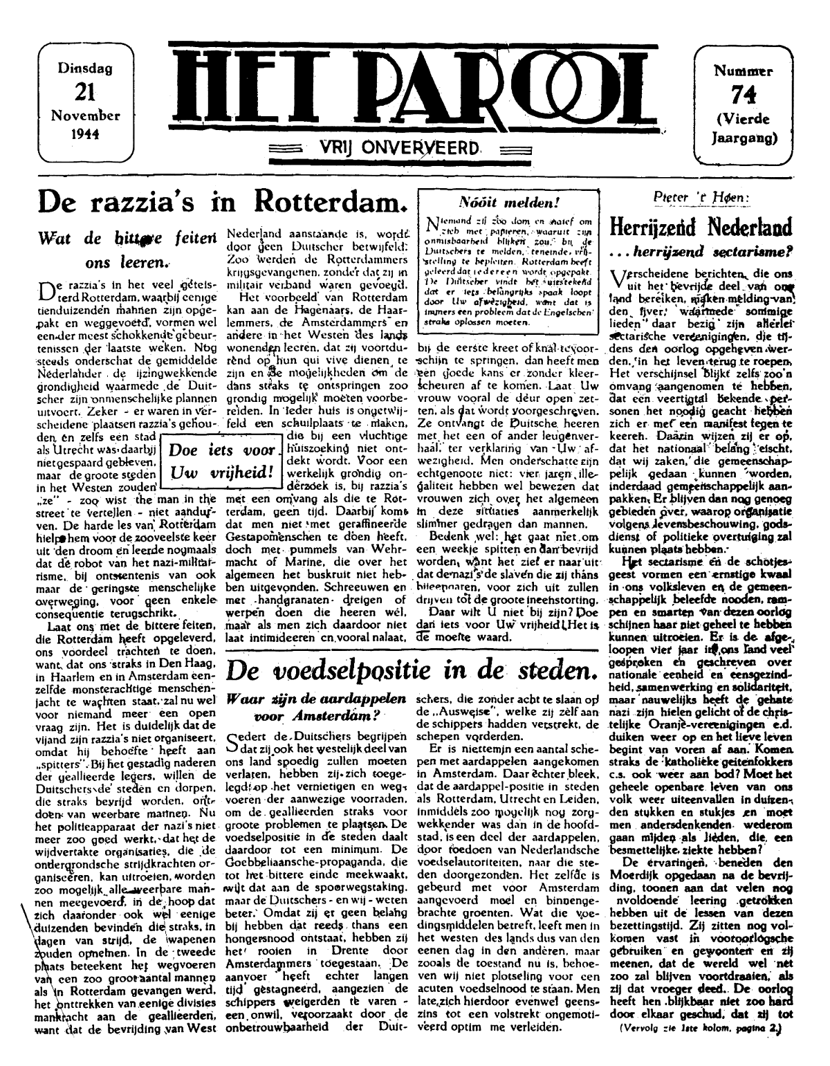 Het Parool; 21 november 1944; blz. 1; 