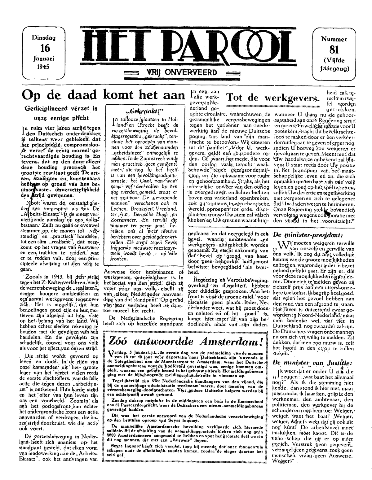 Het Parool; 16 januari 1945; blz. 1; 