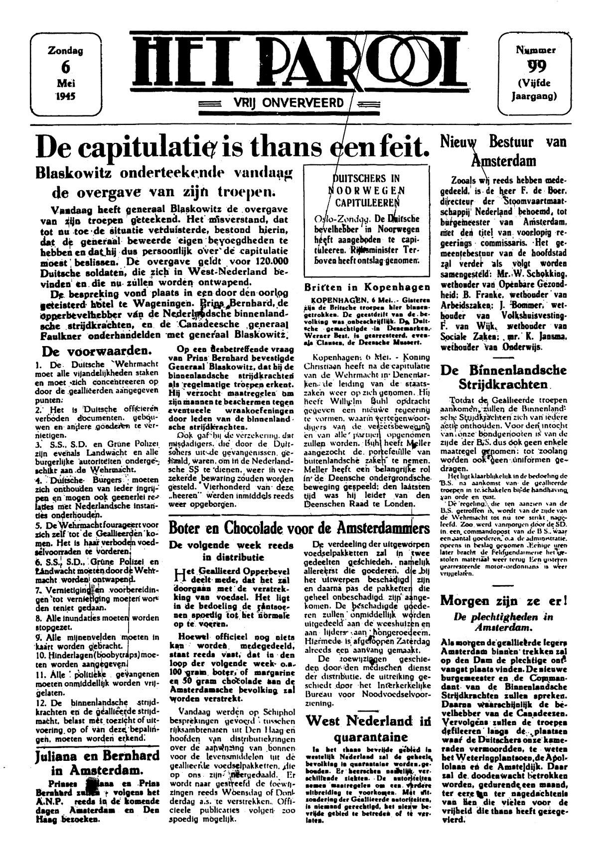 Het Parool; 6 mei 1945; blz. 1; 